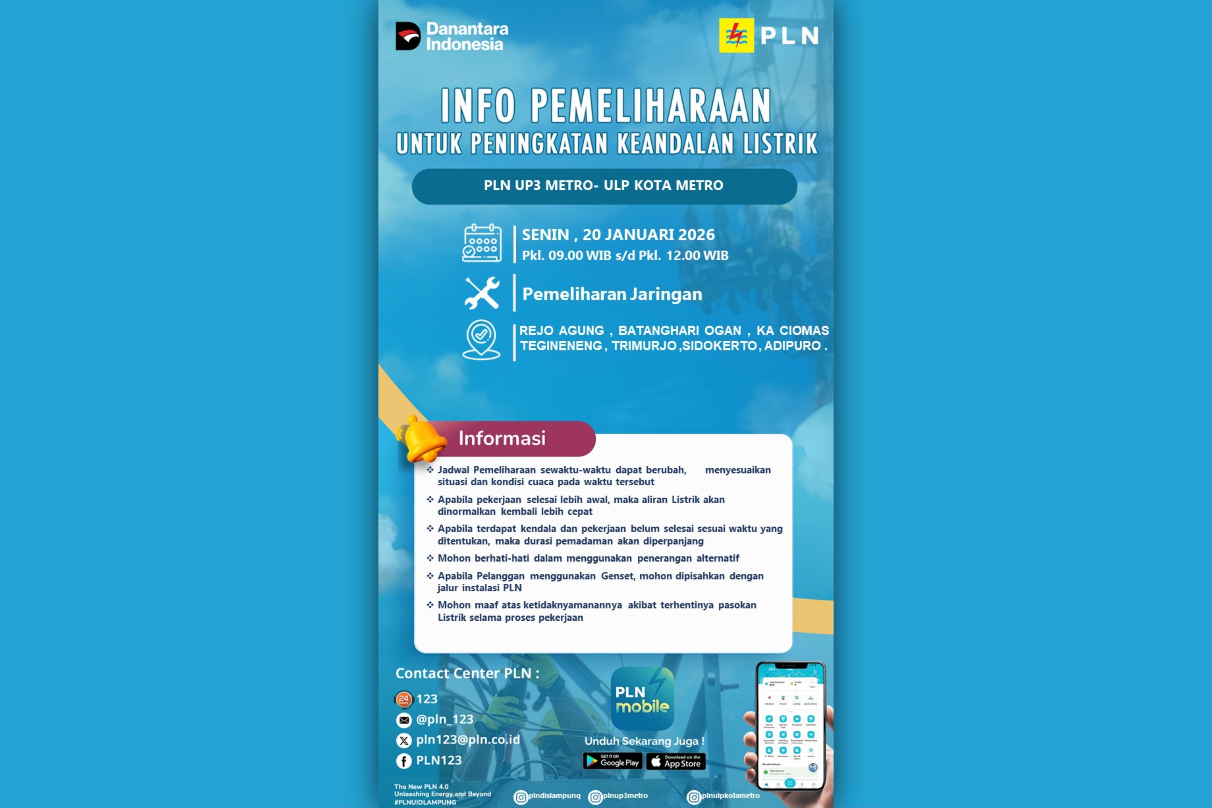 Pagi Ini, PLN ULP Metro Lakukan Pemadaman Bergilir di Lampung Tengah & Pesawaran, Cek Wilayah Lain!