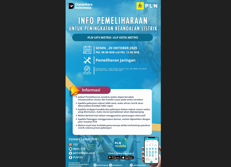 Jadwalkan Pemadaman Listrik Oleh PLN ULP Metro 20 Oktober 2025, Cek Wilayah yang Terdampak