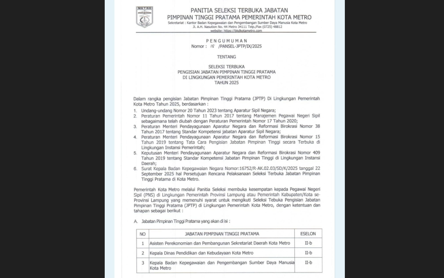 Pemkot Metro Buka Seleksi JPTP 2025, 3 Jabatan Strategis Siap Diisi