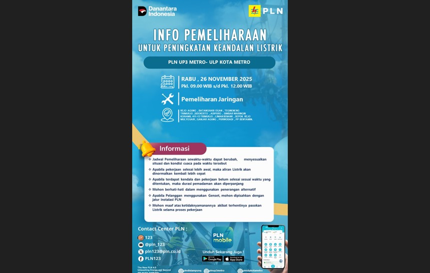 PLN ULP Metro Umumkan Pemadaman Bergilir 26 November 2025, Berikut Wilayah Terdampak