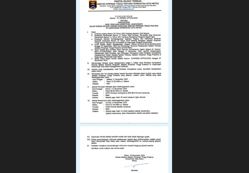 Pansel JPTP Kota Metro Rilis Hasil Assessment untuk 3 Jabatan Strategis