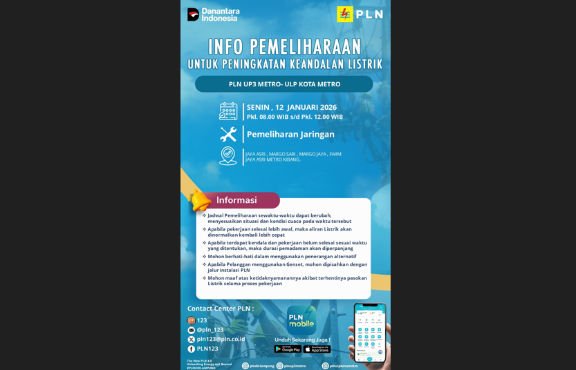 PLN Metro Lakukan Pemadaman Listrik di Area Metro Kibang dan Sekitarnya