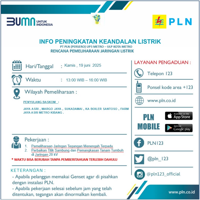 PLN Umumkan Pemadaman Listrik Sementara di Wilayah Metro Kibang dan Sekitarnya, 19 Juni 2025