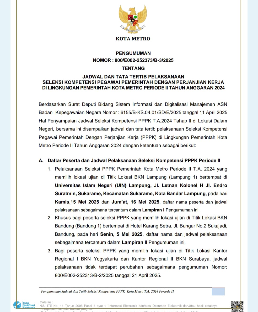 Pemerintah Kota Metro Umumkan Jadwal Seleksi PPPK Mei 2025