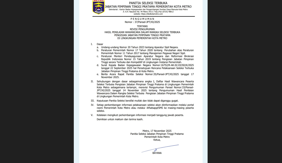 Hasil Seleksi Wawancara dan Makalah 3 JPTP di Kota Metro Resmi Diumumkan