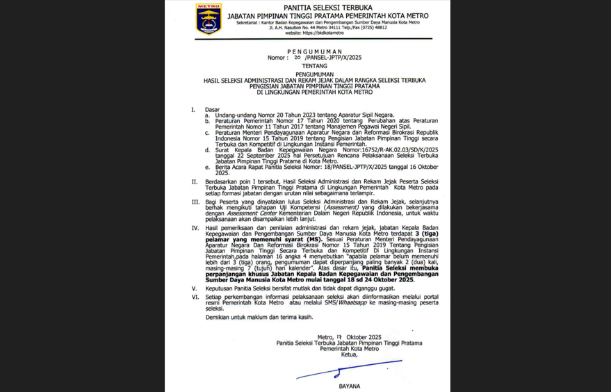 Kuota Peserta Belum Cukup, Seleksi Terbuka JPTP Kepala BKPSDM Metro Bakal Diperpanjang?