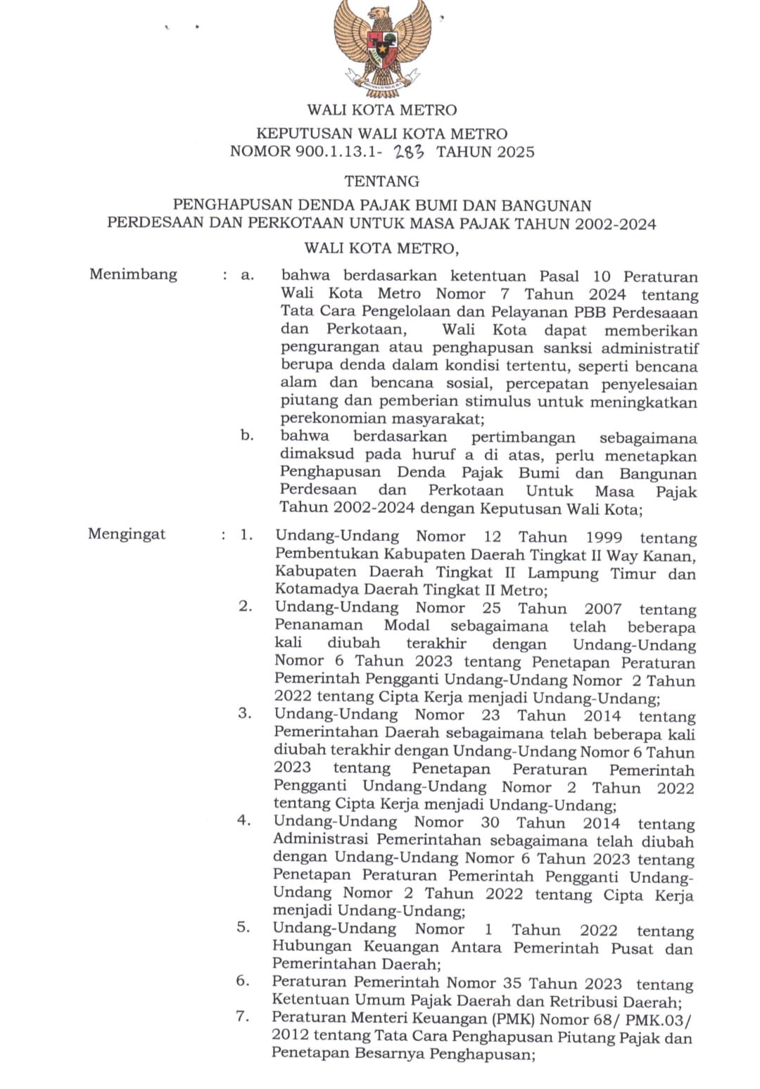 Pemerintah Kota Metro Berlakukan Pembebasan Denda Pajak PBB-P2, Ini Syaratnya!