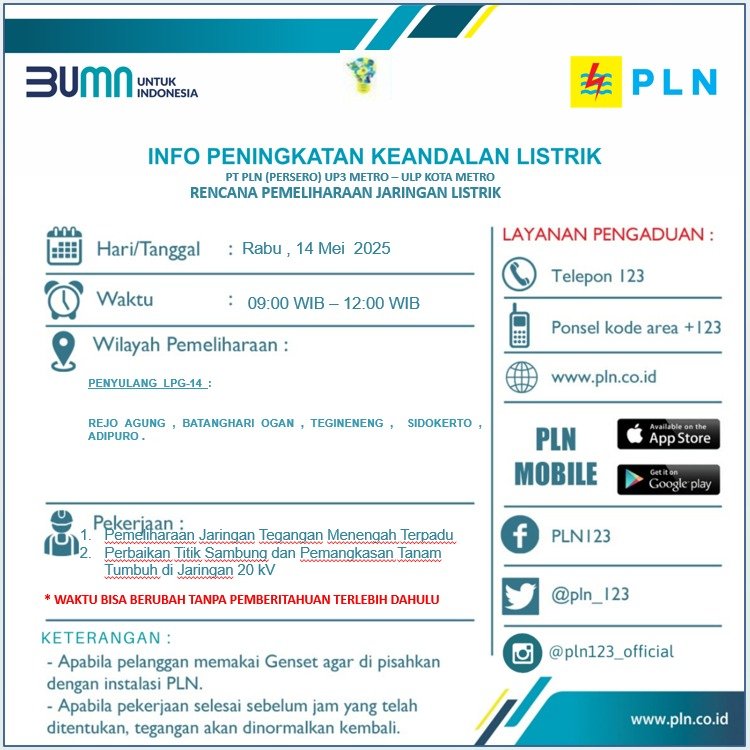 Pemeliharaan Jaringan, PLN Umumkan Pemadaman Listrik di Wilayah Lampung Timur
