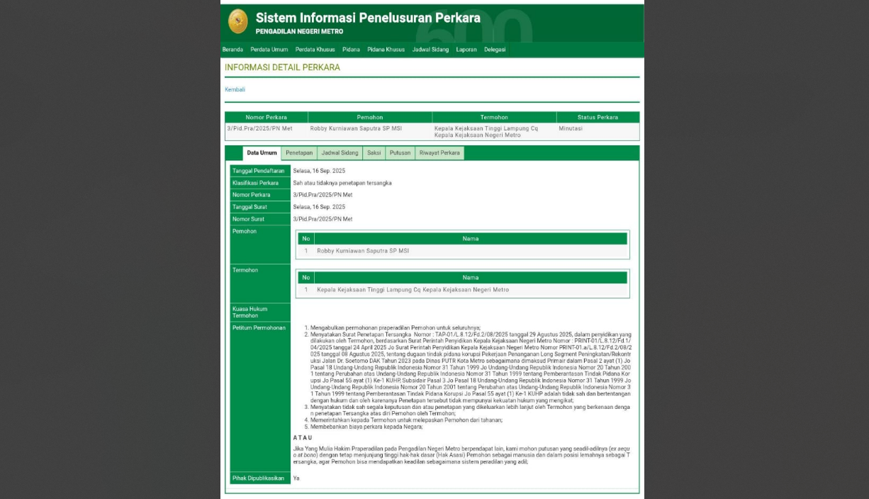 PN Metro Batalkan Penetapan Tersangka Mantan Kepala DPUTR Robby Kurniawan