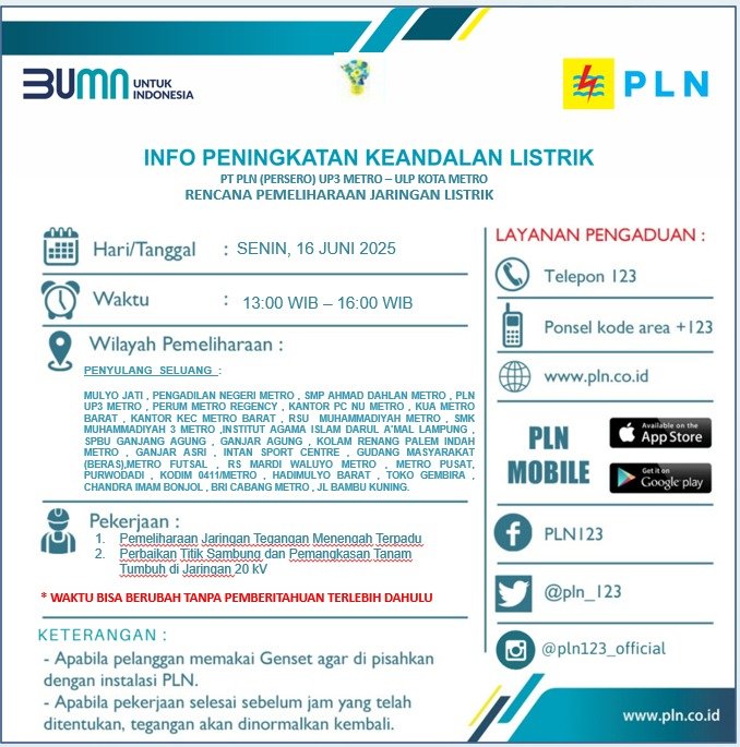 PLN Lakukan Pemadaman Listrik di Kota Metro 16 Juni 2025, Ini Daftar Wilayah Terdampak
