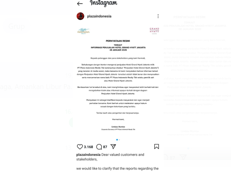 Beredar Isu Penjualan Hotel Grand Hyatt Jakarta, Plaza Indonesia Tegaskan Tidak Benar!