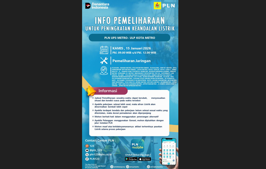 Pemadaman Listrik Bergilir di Metro, Cek Wilayah yang Terdampak