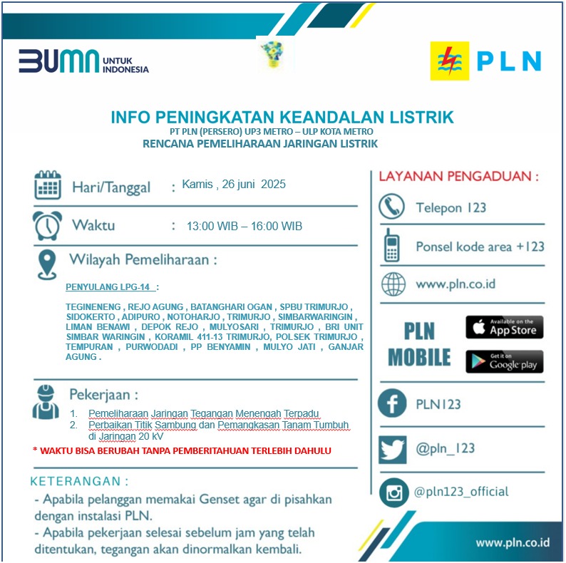 PLN Lakukan Pemadaman Listrik di Metro Kibang dan Sekitarnya, Cek Jadwalnya!