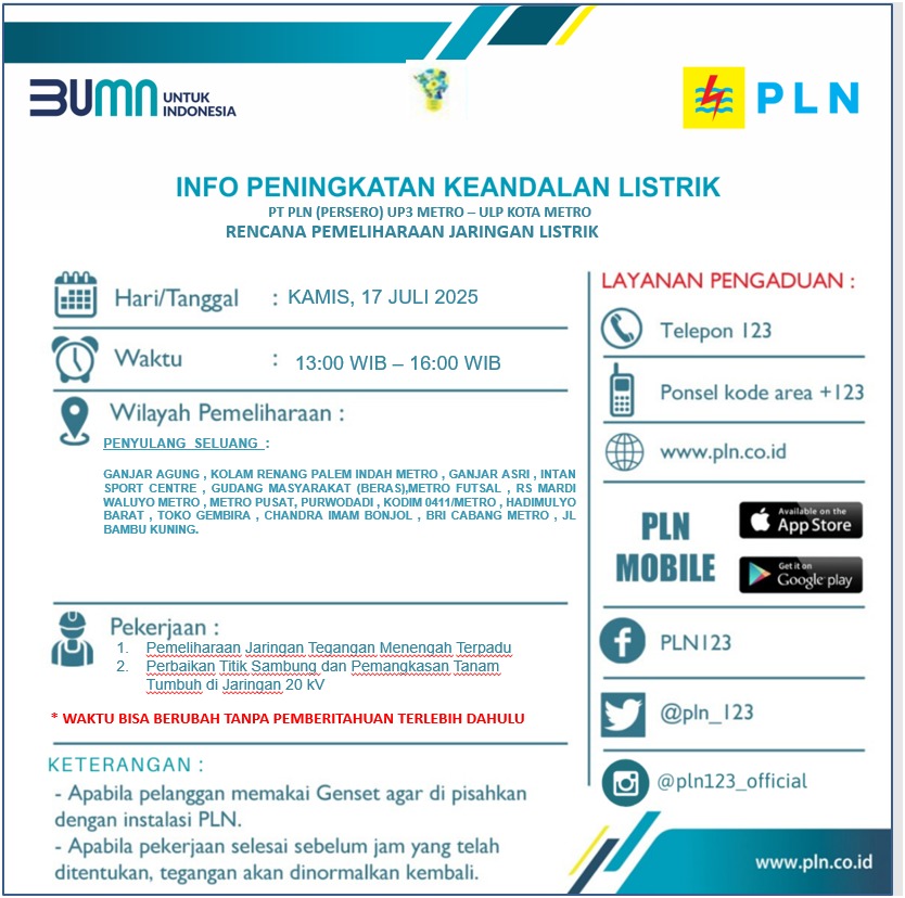 PLN Umumkan Pemadaman Listrik di Kota Metro Kamis 17 Juli 2025, Ini Wilayah yang Terdampak!
