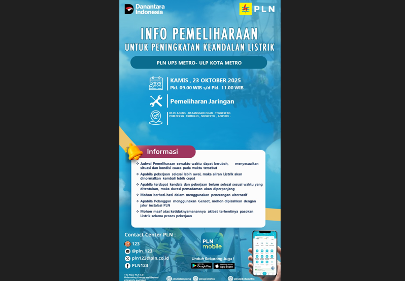 Jadwal Pemadaman Listrik di Wilayah Tegineneng 23 Oktober 2025