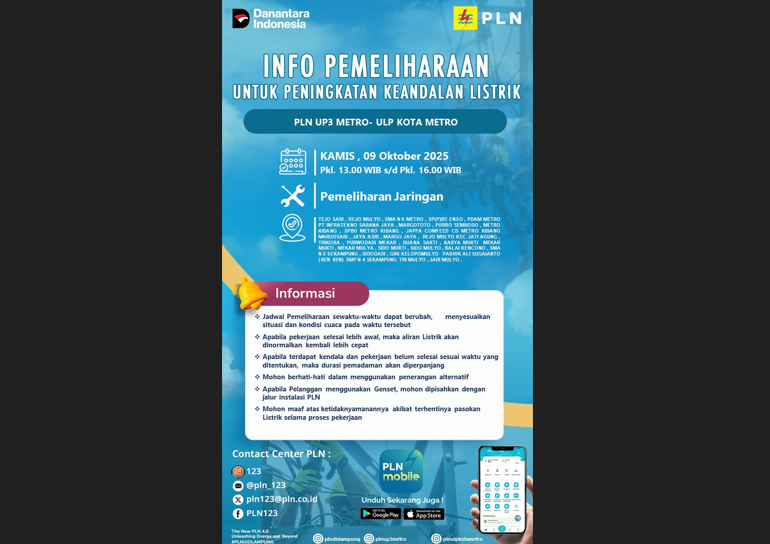 Siang Ini, Sejumlah Wilayah Metro dan Lamtim Terdampak Pemadaman Listrik