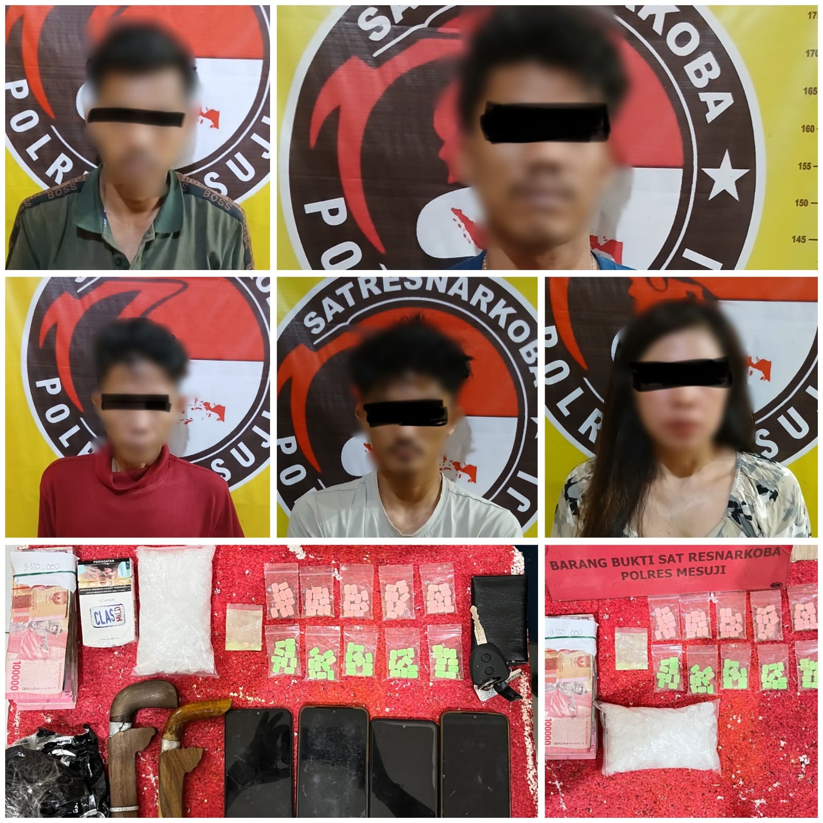 Bawa Sabu 293 Gram dan 100 Butir Ekstasi, 5 Warga Riau Ditangkap Diringkus Sat Res Narkoba Polres Mesuji
