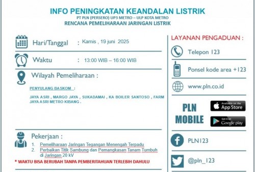 PLN Umumkan Pemadaman Listrik Sementara di Wilayah Metro Kibang dan Sekitarnya, 19 Juni 2025