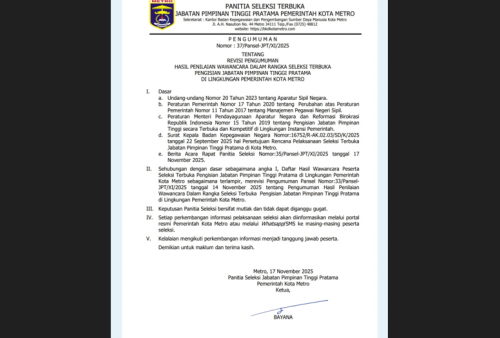 Hasil Seleksi Wawancara dan Makalah 3 JPTP di Kota Metro Resmi Diumumkan