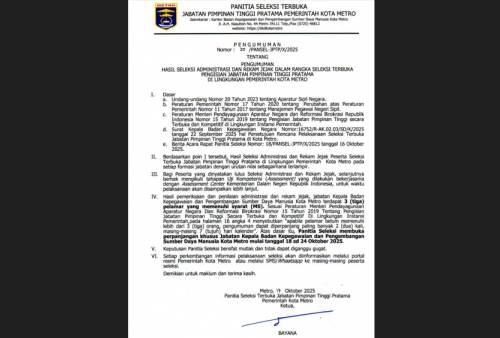 Kuota Peserta Belum Cukup, Seleksi Terbuka JPTP Kepala BKPSDM Metro Bakal Diperpanjang?
