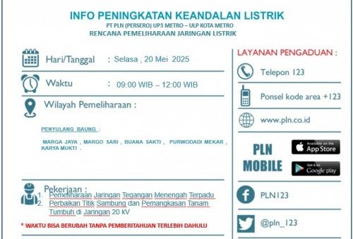 PLN Umumkan Pemadaman Listrik di Lampung Timur, Selasa 20 Mei 2025